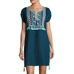 Seafolly Embroidered Cover Up Linen Dress Tassels‎ Blue Turquoise Bohemian Small
